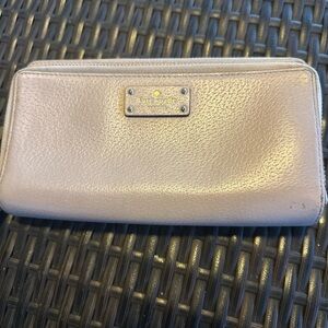 Kate Spade Beige Leather New York Large Zip Wallet Wristlet
